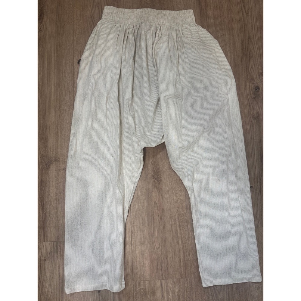 Jaded Gypsy Striped Linen Harem Pants Cream Grey Drop Crotch Boho Tapered Leg L - Picture 3 of 5